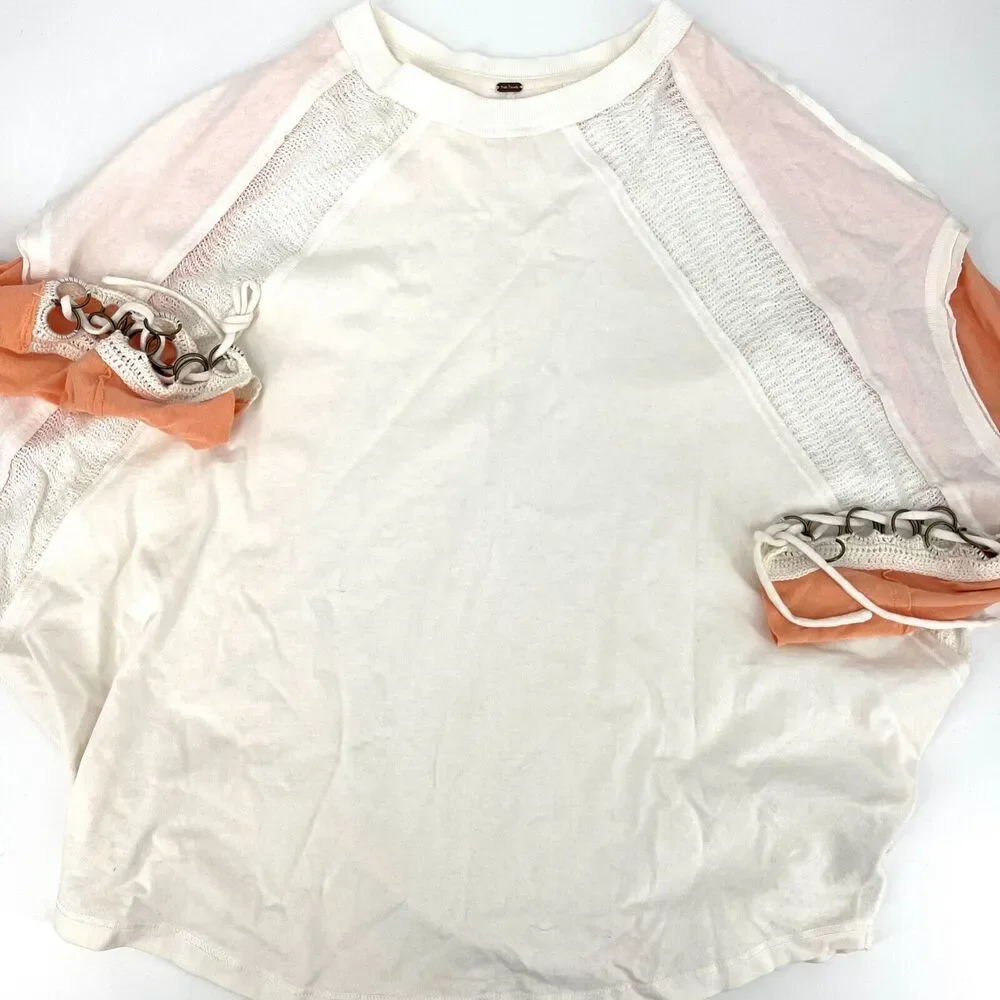 Free People Call Billie Tee 100% Cotton Chain Link Sleeve Detail White Peach S
